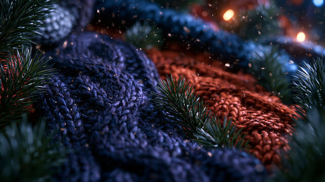 Cozy Knitted Blanket with Pine Branches and Christmas Lights