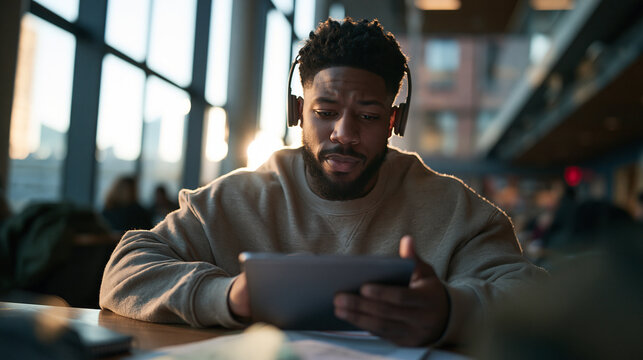Focused Young Man with Headphones Using Digital Tablet Indoors