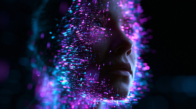 Futuristic AI Woman Face Dissolving into Glowing Digital Particles