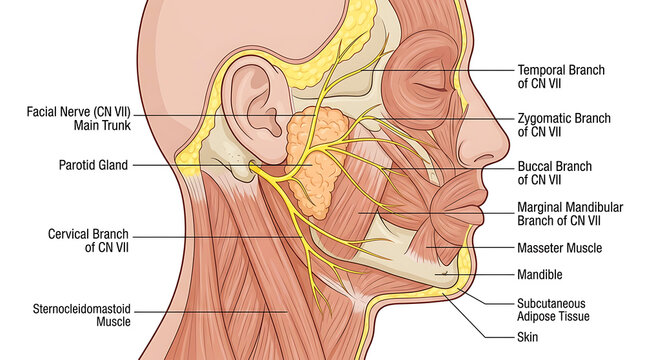 Anatomical diagram of facial nerves and muscles, labeled cross-section