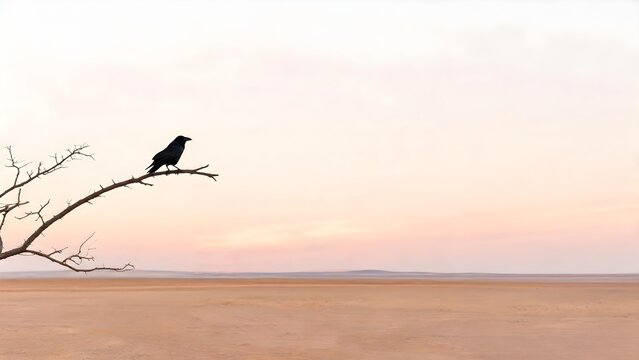 Lonely black crow perching branch desert sky light warm sunset calm landscape.