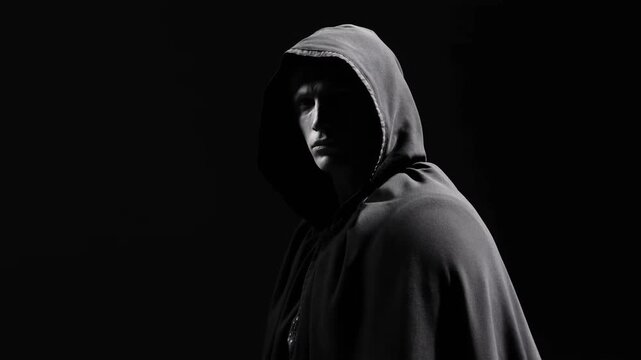 Hooded person in side profile standing against black background under stark lighting