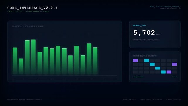 Futuristic Core Digital Interface Monitoring Green Bar Graphs and Live Data Numerical Counters for Analytics and Science