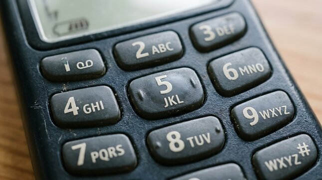 Close up of a vintage mobile phone keypad with numeric buttons and alphanumeric characters.