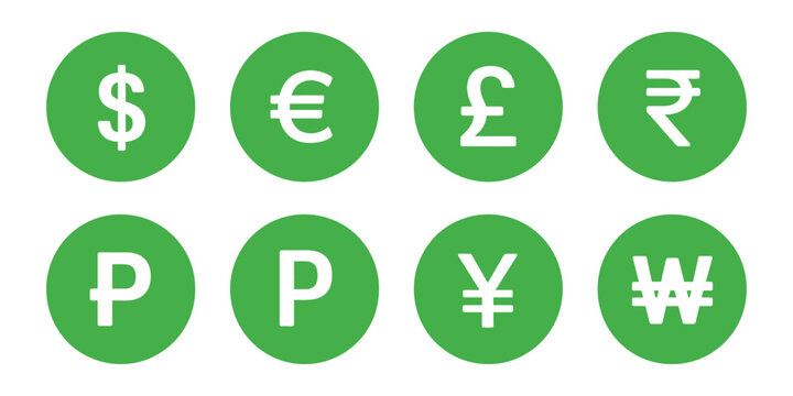 Currency Symbols icons, green international money signs for dollar euro pound rupee franc ruble yen and won, modern vector design