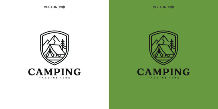 Vintage camping logo design with mountains and tent inside shield