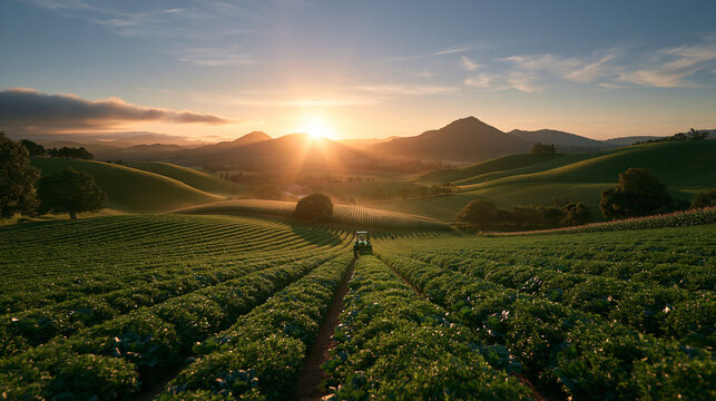 Scenic Agricultural Green Crop Fields at Sunrise