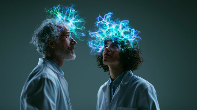 Scientists with Glowing Neural Energy Brainstorming Together