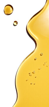 Golden cosmetic oil texture smear with drop and bubble on white background for skincare product banner. 3d rendering