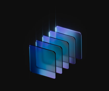 Glass panel stack on black, 3d rendering minimal tech concept for fintech app, corporate presentation, digital wallet concept and cloud computing software ui banner