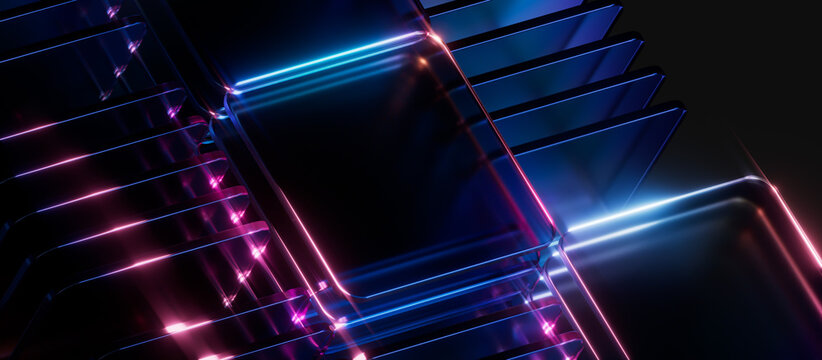 Abstract neon glowing glass blocks for fintech header, web hosting banner, and digital innovation presentation. Futuristic dark neon color nightclub poster and electronic music cover 3d rendering