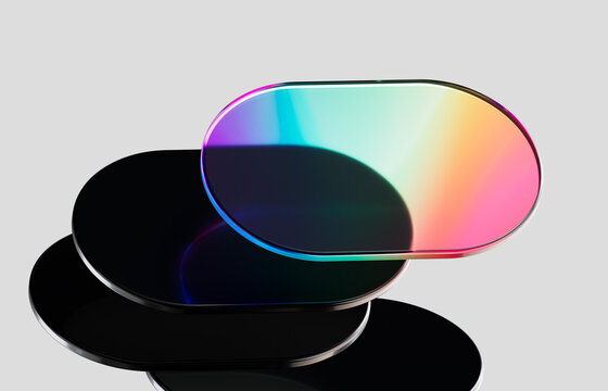Vivid Poster design template of abstract black and rainbow glass plates, 3d rendering multi layer geometric shape stack. Minimal concept of standing out from the crowd and unique product