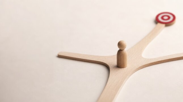 customer service experience personalization. Wooden figure stands at a three-way path aiming toward a target symbolizing decision making and goal setting.