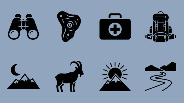 Seven black silhouette icons representing outdoor adventure and emergency preparedness on a gradient background.