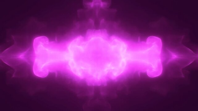 Glowing magenta energy cloud morphs into a symmetrical abstract form on dark background