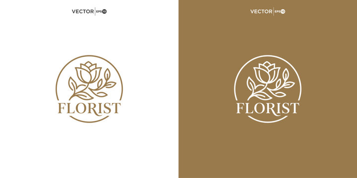 Round florist rose flower boutique logo design in gold color with elegant circul