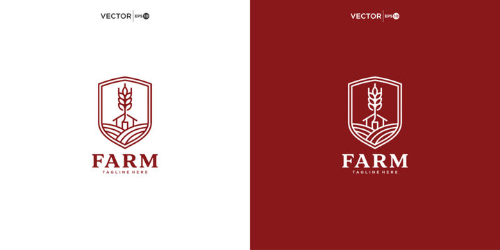 Rustic agricultural farm logo design in shield shape with wheat