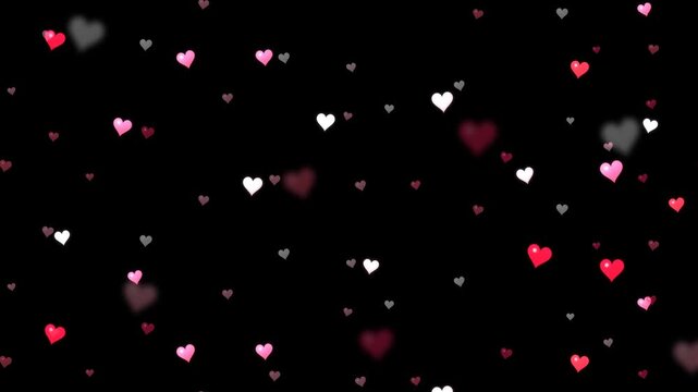 Floating heart patterns on black background. 2d animation