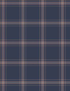 Seamless classic plaid tartan pattern background in dark navy blue, brown, rust, and white. Abstract textile fabric texture for apparel, autumn fashion, and cozy blanket design.