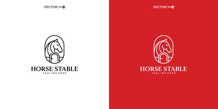 Horse stable logo design with equine head profile inside arched frame