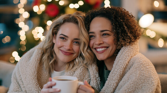 Two Cozy Female Friends Wrapped in Blanket Drinking Hot Coffee Outdoors