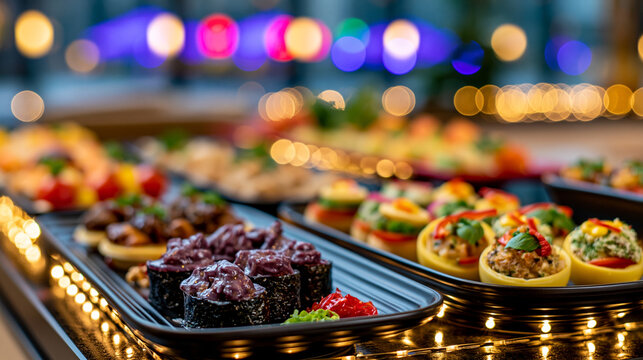 Assorted gourmet finger food appetizers displayed on a buffet table