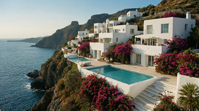 Mediterranean white villa cascading down rocky promontory with vibrant magenta bougainvillea and infinity terraces overlooking sea