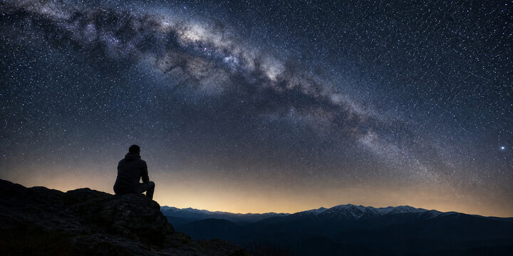 Person Stargazing Silhouette Soft Starry Night Sky