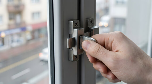 Adjusting UPVC Window Hinge Mechanism with Allen Key Wrench | Technician Servicing White UPVC Window Mechanism using Hex Key Tool | Window Maintenance and Repair using Allen Key on Metal Hinge Hardwar