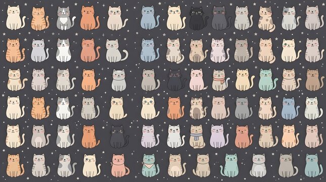 Cute seamless pattern with cartoon cats on a starry background