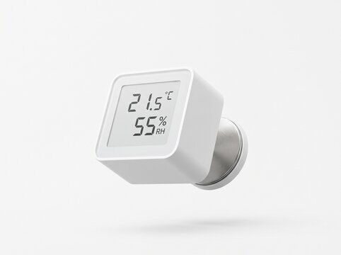 Modern digital thermometer and hygrometer on white background.