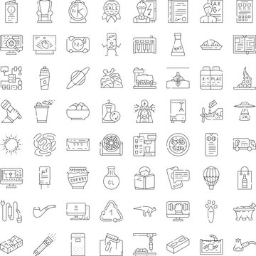 Universal linear vector icons bundle illustrating various subjects and concepts, providing a simple graphic resource for web designs, mobile applications, and digital projects