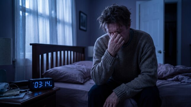 Stressed man sitting on bed at night suffering from insomnia and sleep deprivation