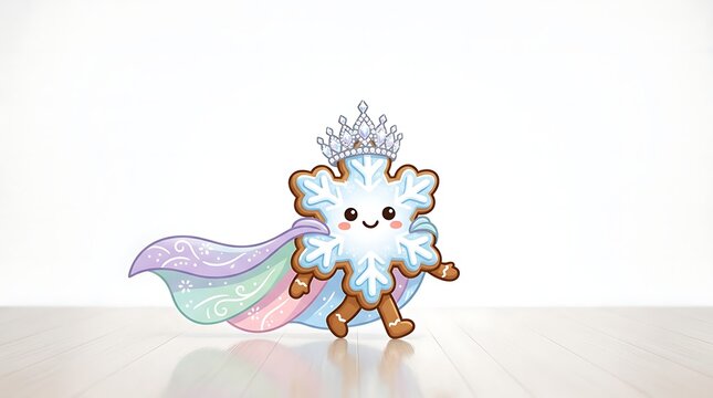 Cute gingerbread snowflake character wearing a crown and a colorful flowing cape.
