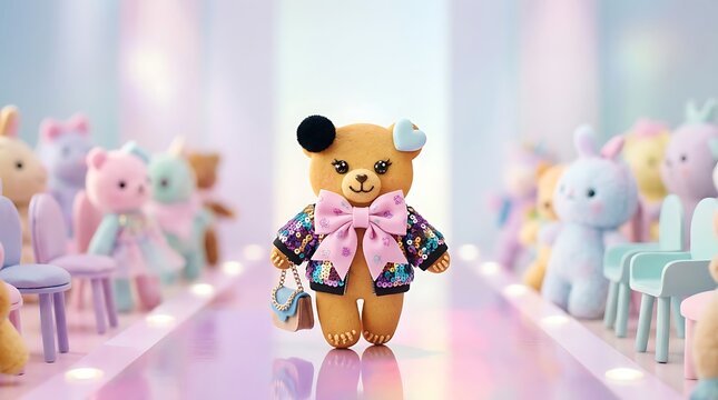A cute teddy bear walking on a fashion runway surrounded by other plush toys.
