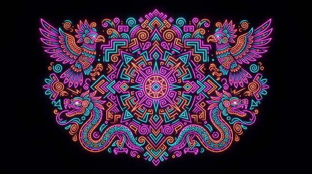 Neon aztec inspired art with serpents and birds