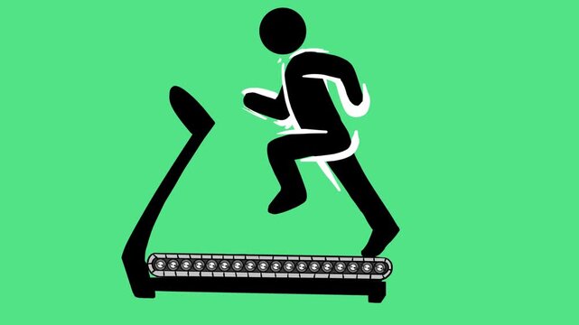 Animated stick figure man running on a treadmill icon. Gym, cardio workout, and fitness exercise concept
