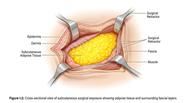 Cross-sectional view of subcutaneous surgical exposure showing adipose tissue