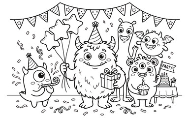 Obraz premium Cute Cute Monsters Birthday Party Coloring Page for Kids with Balloons Cake Gift Box and Confetti Line Art Vector