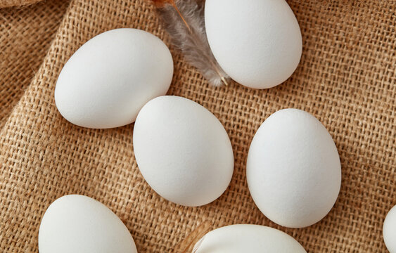 fresh white eggs on burlap
