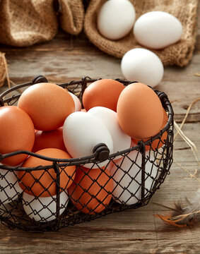 fresh eggs in wire basket