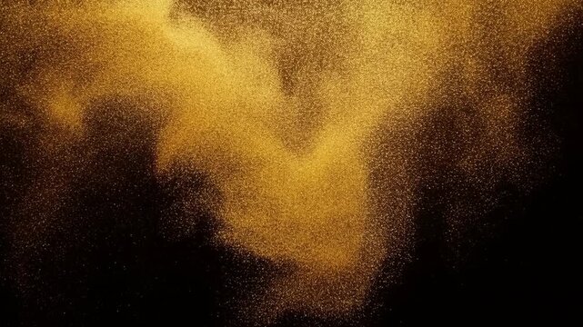 Golden particle cloud with abstract glowing wave pattern on black background