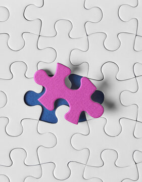 Pink puzzle piece with blue missing piece
