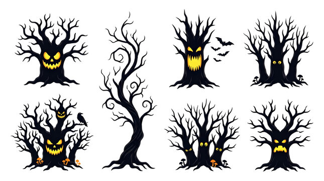 Halloween scary dark haunted tree set vector illustration featuring spooky monster trees with glowing yellow jack-o'-lantern faces, sharp carved teeth, creepy glowing eyes in dark hollows, twisted bar