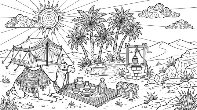 Desert oasis campsite line art vector illustration for adult coloring book page featuring Bedouin camel with decorated saddle resting beside a traditional desert tent, palm trees, stone water well, tr