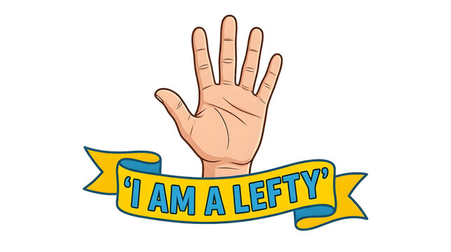 International Lefthanders Day vector illustration featuring an open raised left hand palm and a yellow ribbon banner with blue text reading 'I AM A LEFTY' isolated on black background. Flat cartoon st