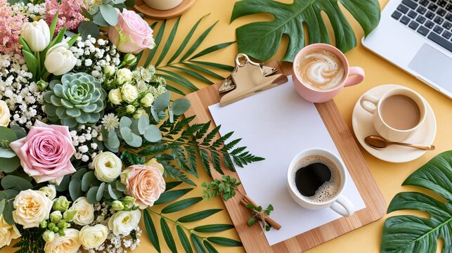 Floral arrangement and coffee cups create a serene workspace scene.