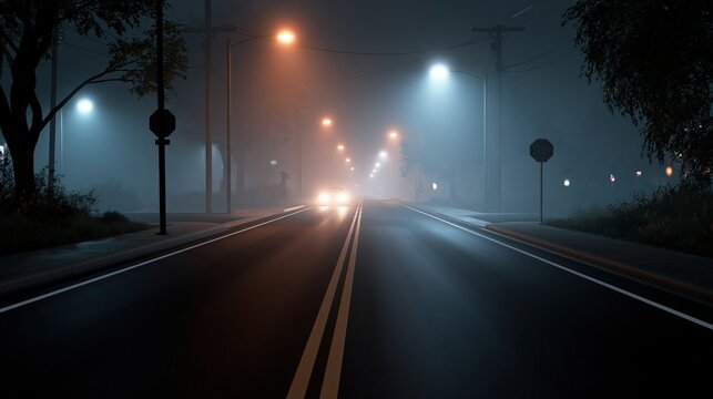 A car navigates a foggy road at night with illuminated streetlights.