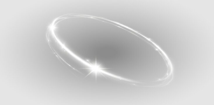 White lens flare ring PNG transparent overlay with radiant sparkle and tilted elliptical halo, on transparent background