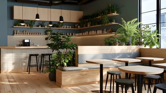 Modern caf  interior with wooden tables  potted plants  and built in seating under natural light